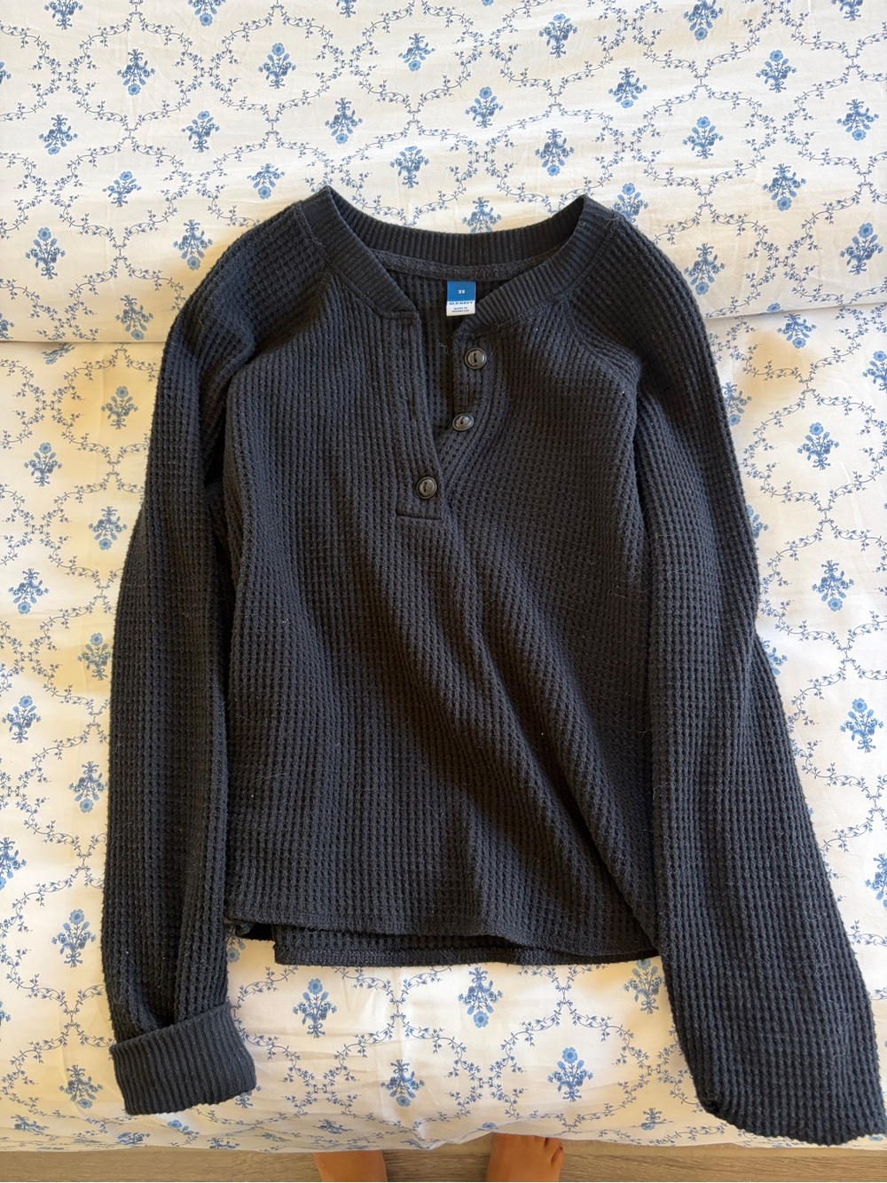 Waffle-Knit Black Henley Sweater - Women's